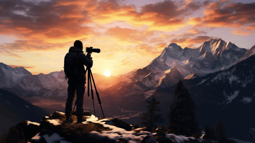 Fotograf mit einem Dreibein-Kamerastativ fotografiert eine bergige Landschaft